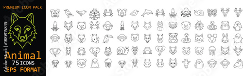 Animal line icons set. Cute wildlife, pets, and sea animal symbols. Editable stroke EPS icons for kids design, education, apps, and creative projects.