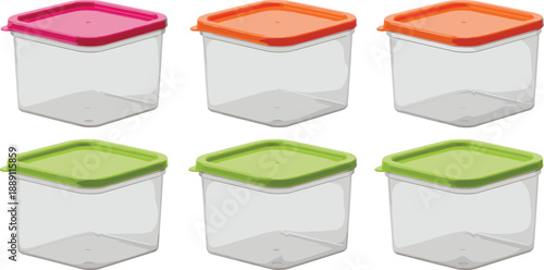 Set of plastic food storage containers with colorful lids isolated on white background, kitchen organization vector illustration