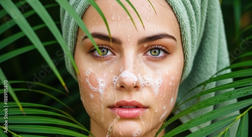 Woman with green eyes and face mask surrounded by lush tropical leaves