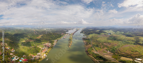 Photography Panoramic aerial view of the Panama Canal through tropical landscape