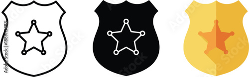 Collection of sheriff badge icons showing different styles including outline solid and color variations for law enforcement concepts