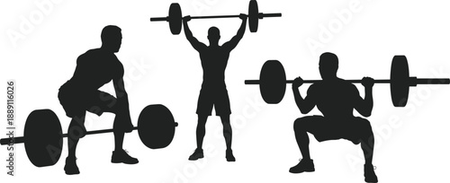 Silhouettes of athletes performing deadlift, overhead press, and squat exercises with barbells, representing strength training, fitness routines, and gym workout techniques in vector style