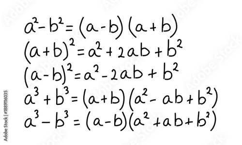 Hand drawn algebra formulas and identities set. Basic math equations