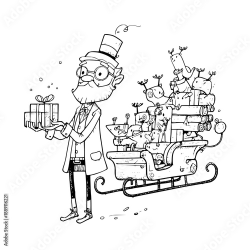 Santa Claus delivering gifts with reindeer on sleigh