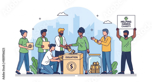 Diverse group of people collecting donations for charity.