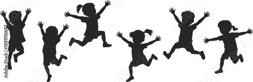 Silhouettes of joyful children jumping mid-air in playful poses, perfect for concepts of freedom, happiness, childhood energy, and outdoor activity illustrations.