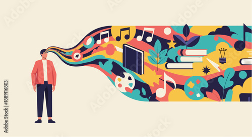 Illustration of a person with a stream of creative ideas flowing from their head.