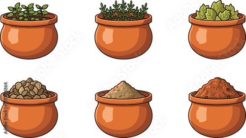 Hand drawn spice and herb bowl icons set with dried seasonings, fresh leaves, and cooking ingredient containers