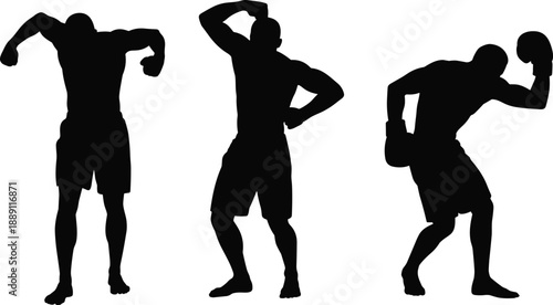 Silhouettes of male figures in dynamic poses including flexing, dancing, and boxing, representing strength, performance, and expressive movement in vector fitness illustration
