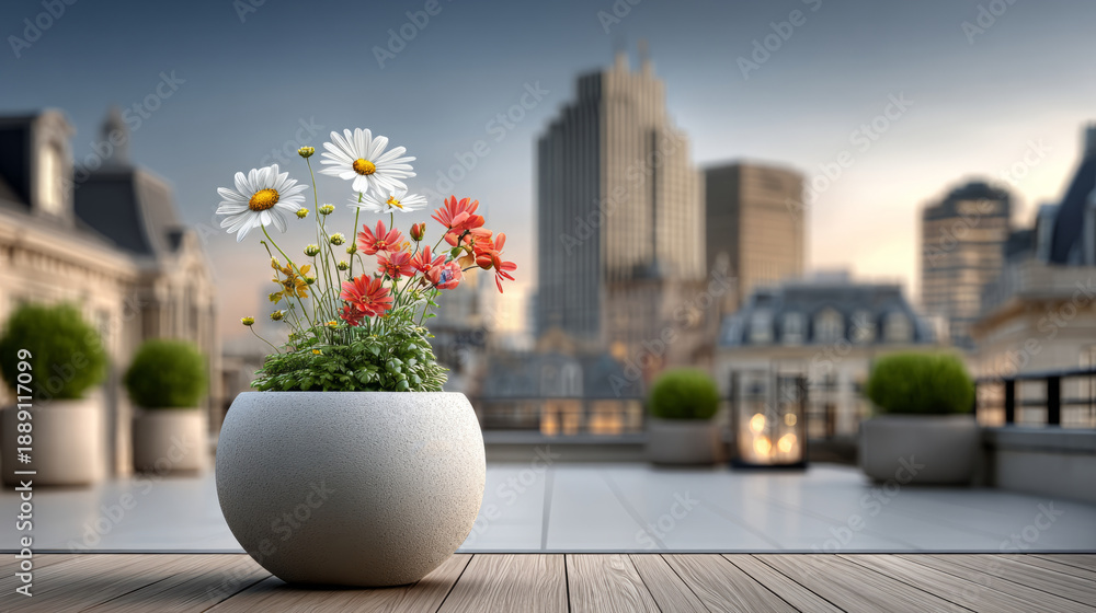 Fototapeta premium Flowers in a pot on a terrace with a city skyline visible during the evening hours