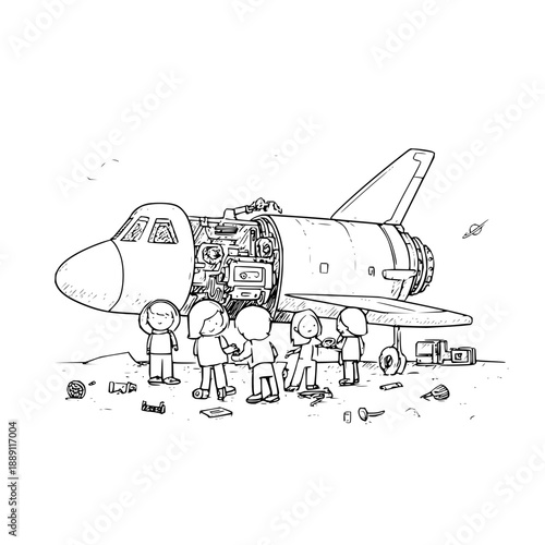 Children Standing Around Damaged Space Shuttle on Ground