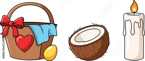 Hand drawn spa wellness icons set with coconut, scented candle, and decorative bath basket for relaxation designs