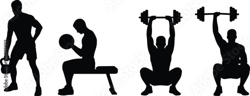 Silhouettes of male figures in expressive athletic poses including flexing, dancing, and boxing, representing strength, movement, and performance in vector fitness illustration style