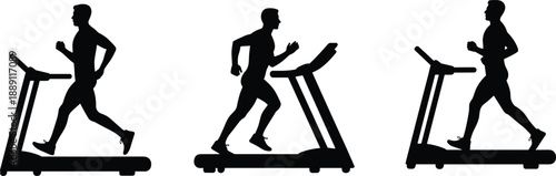 Silhouettes of people running on treadmills in various postures, representing indoor cardio workouts, fitness routines, and healthy lifestyle in vector illustration format