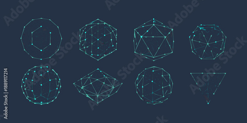 Geometric shapes represented as wireframe polygonal models on a dark background