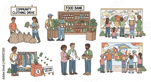 Community volunteers helping with food and clothing drives.