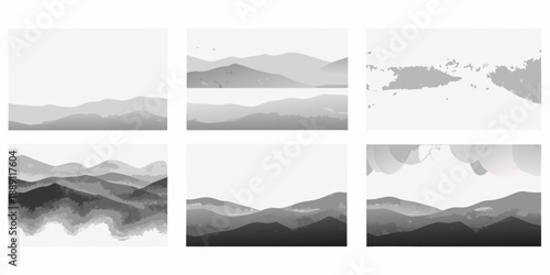 Set of six grayscale abstract landscape paintings in a grid arrangement
