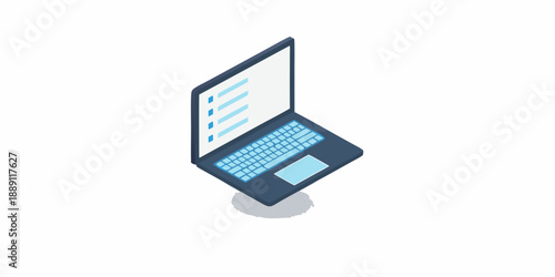 Isometric illustration of a blue laptop with a list on the screen
