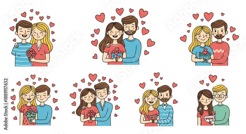 Couple Embracing Surrounded by Hearts.