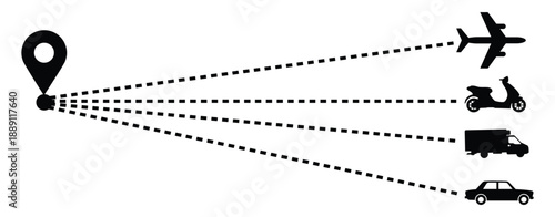 Transportation and logistics options from a single origin point to various destinations. Route Optimization line icon, Route icon between two points with dotted path.