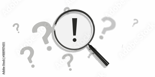 A magnifying glass focuses on an exclamation point surrounded by question marks