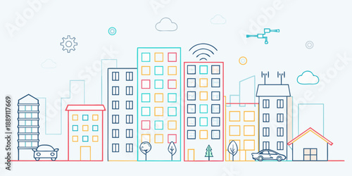 A colorful linear illustration depicting a modern smart city landscape