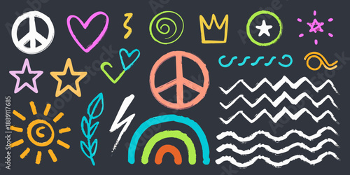 Colorful chalk doodles featuring peace signs hearts stars and abstract shapes