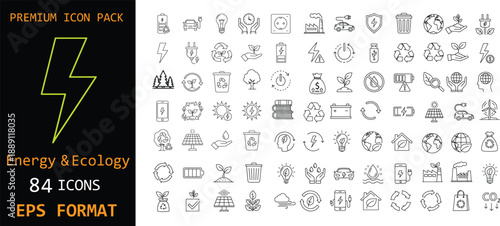 Energy and ecology line icon pack. Renewable power, recycling and green technology symbols. UI web and app interface set. Editable stroke EPS vector.