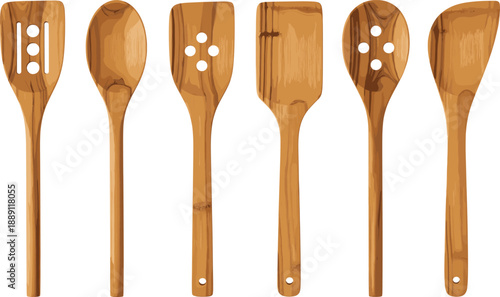 Set of wooden kitchen spoons and spatulas with different shapes isolated on white background, cooking utensil vector illustration