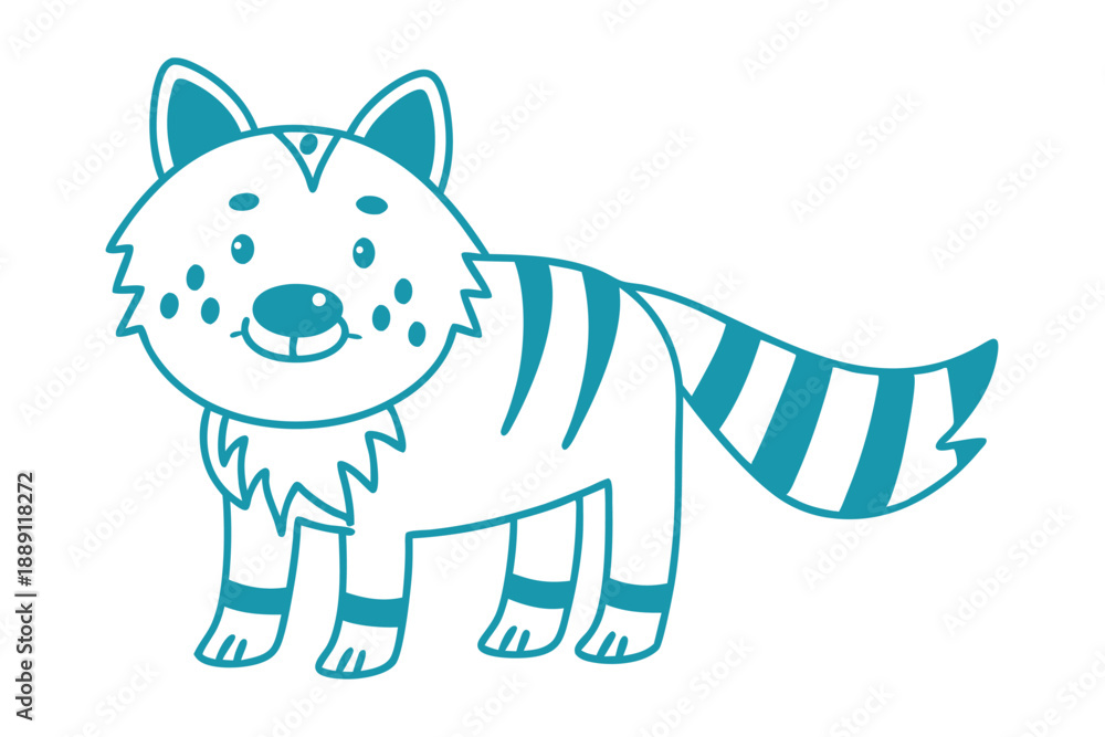 Fototapeta premium A teal cartoon raccoon with stripes is standing and looking happy on white