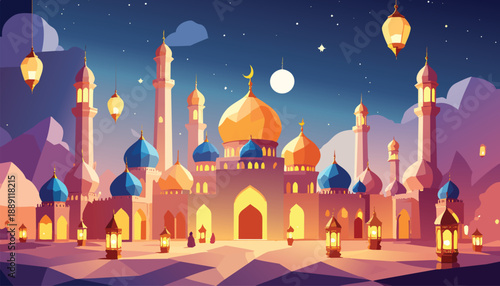 Ramadan Kareem celebration background with illuminated lanterns and mosque at night.