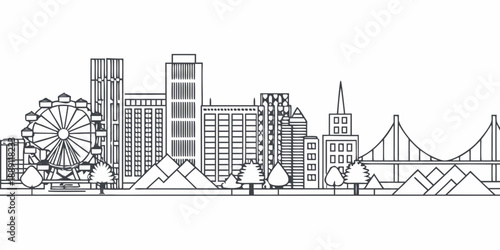 Linear cityscape featuring a ferris wheel buildings mountains and a bridge