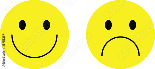 Sad and happy emoji flat vector icons,  smiling and unhappy emoticon icon.