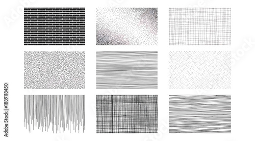 Vector illustration set of nine abstract black and white line and texture patterns in grid layout, showcasing diverse orientations, densities, and arrangements for design, visualization, education, an