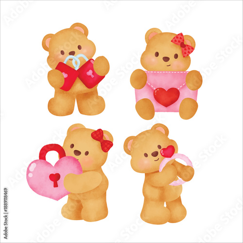 Cute watercolor bear hugging heart illustration with soft pastel colors, love concept for cards and gifts