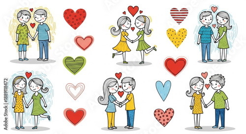 Couple Illustrations With Hearts.