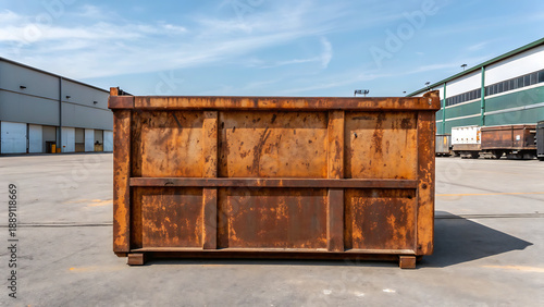 Industrial dumpster in a warehouse yard under clear blue sky