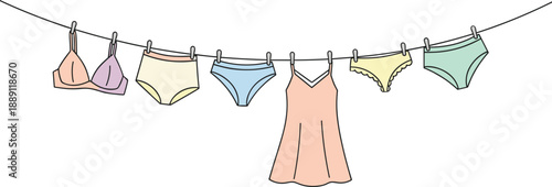 Women lingerie and underwear illustration on clothesline, bra panties slip dress laundry concept fashion vector flat design