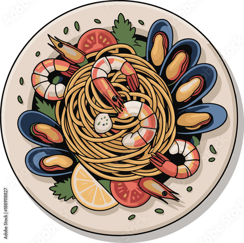 A colorful plate of spaghetti with shrimp mussels and various seafood