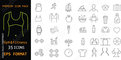 Premium gym and fitness line icon set. Workout, exercise and healthy lifestyle symbols. Editable stroke outline icons for fitness apps, websites, UI and sports design.