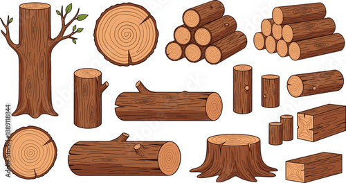 Hand drawn wooden log and timber icons set with tree trunk, stump, firewood, and lumber elements