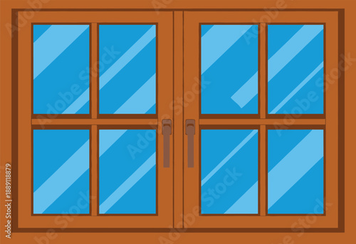 Wooden window frame with glass panes and handles isolated on white background, home architecture vector illustration