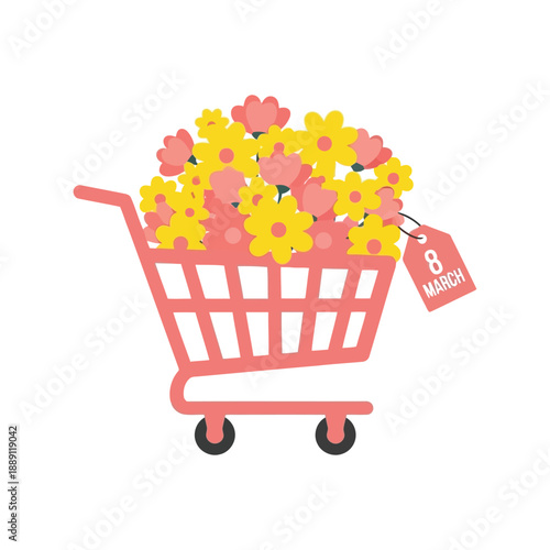 Women's Day vector clipart with shopping cart and flowers for 8 March celebration designs