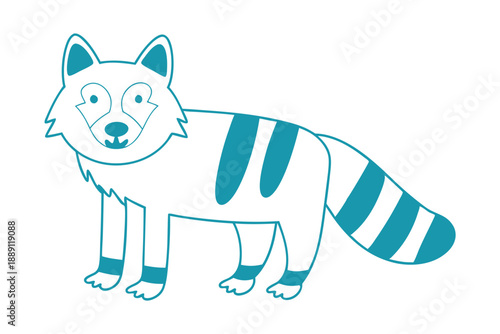 Blue outlined cute raccoon is standing on white background featuring striped tail and legs