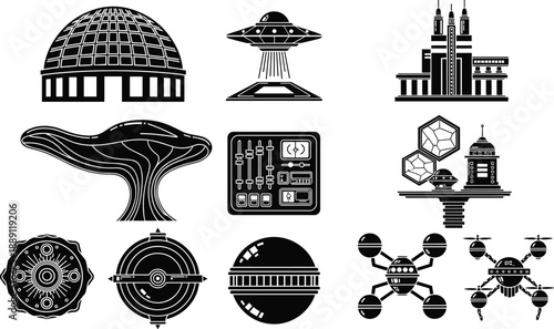 Futuristic, scifi, architecture, icons, alien, technology, buildings, ufo, devices, space, science, fiction, silhouettes, minimal, design, cad, drawing, flat, vector, illustration