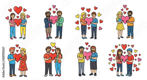 Couples Holding Hearts Valentines Day Illustrations.