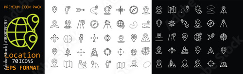Location and navigation line icons set. Map pins, GPS, and direction symbols. Editable stroke EPS icons for maps, travel, logistics, and UI design projects.