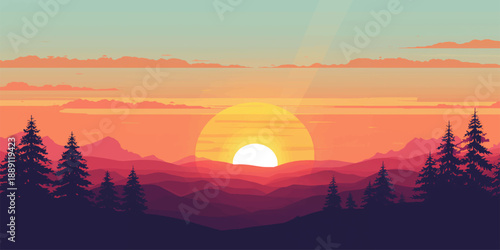 A beautiful orange sunrise and red sunset glow over the mountain landscape as sunlight pierces through summer clouds and fog at dawn and dusk