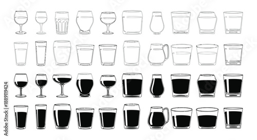 A collection of various outline and filled glassware including wine glasses tumblers and goblets arranged in rows