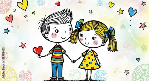 Cute cartoon boy and girl holding hands with hearts and stars.
